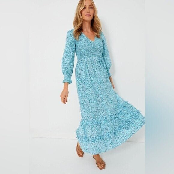 Pink City Prints NEW Blue Isabel Maxi Dress Ocean Ditsy Flower Size XS