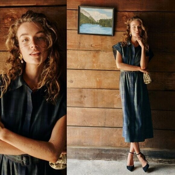 Tuckernuck NEW Blackwatch Chloe Plaid Navy Green Classic Midi Dress Size XL