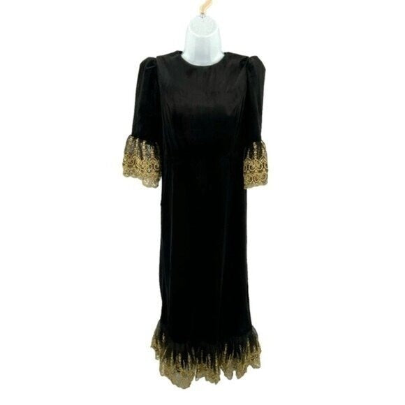 NEW Pomander Place Black Velvet Lillith Gold Embroidered Lace Maxi Dress Size XS