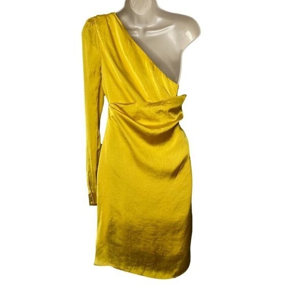 Lovers + Friends NEW Ana One Shoulder Satin Party Mini Dress in Yellow Size XXS