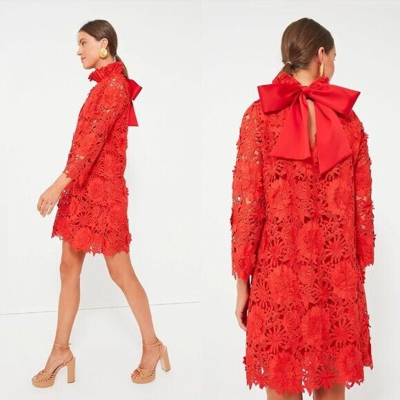 Tuckernuck | NEW Red Guipure Lace Daphne Three-quarter Sleeve Mini Dress Size XS