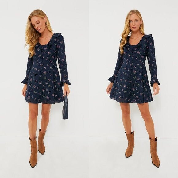 Hyacinth House NEW Navy Floral Ruffle Neck Norah Long Sleeve Mini Dress XS