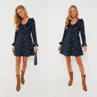 Hyacinth House NEW Navy Floral Ruffle Neck Norah Long Sleeve Mini Dress XS
