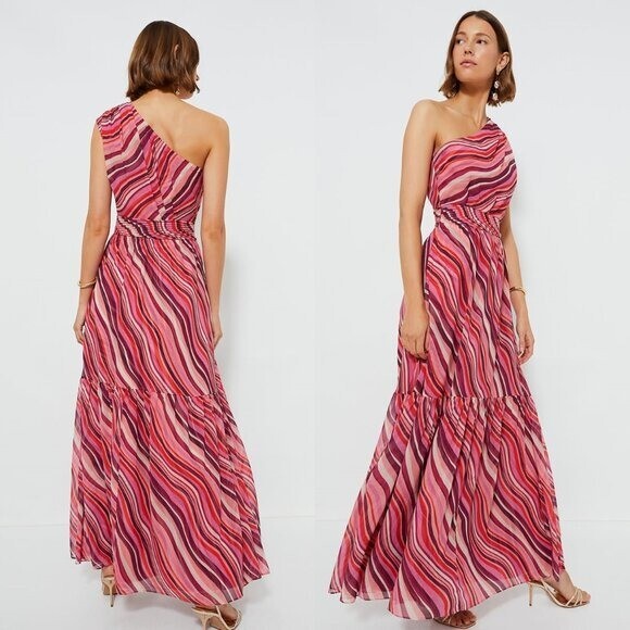 Tuckernuck NEW Pink Sunset Stripe Cadiz One Shoulder Formal Maxi Dress XS
