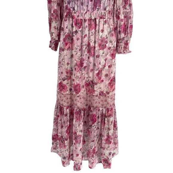 LoveShackFancy NEW Pink Indigo Silk Off the Shoulder Floral Maxi Dress Size S