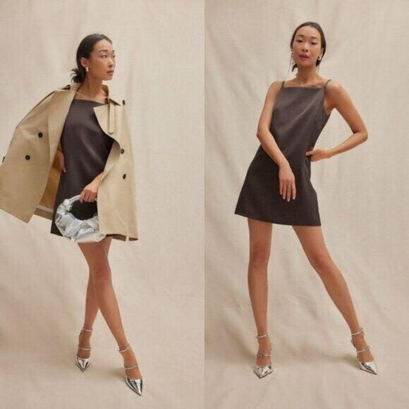 Tuckernuck Chocolate Satin Lara Square Neck Party Cocktail Formal Mini Dress 4