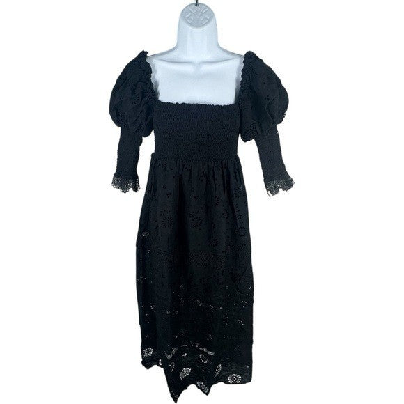 O.P.T. NEW Black Wednesday Cotton Eyelet Puff Sleeve Midi Dress Size XS