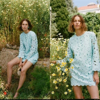 Tuckernuck NEW Aqua Floral Lace Camilla Long Flared Sleeve Mini Dress Size L