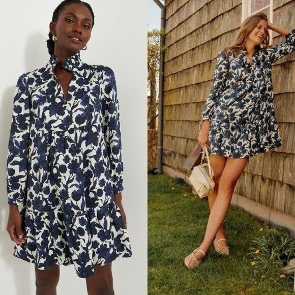 Tuckernuck NEW Blue Poppy Palmerston Drop Waist Long Sleeve Mini Dress Size L