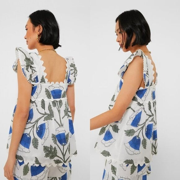 Juliet Dunn NEW White and Klein Blue Baby Doll Floral Scalloped Top Size S