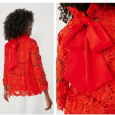Tuckernuck | NEW Red Guipure Classy Lace Faye Bow Preppy Blouse Size XS