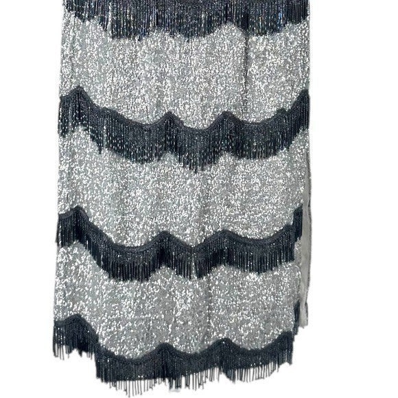 Batsheva NEW Octavia Cocktail Party Formal Midi Dress in Silver Sequin Size 6