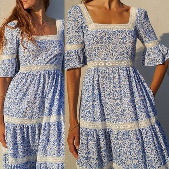 Pink City Prints NEW Celine Sky Chintz Blue Lace Floral Maxi Dress Size S