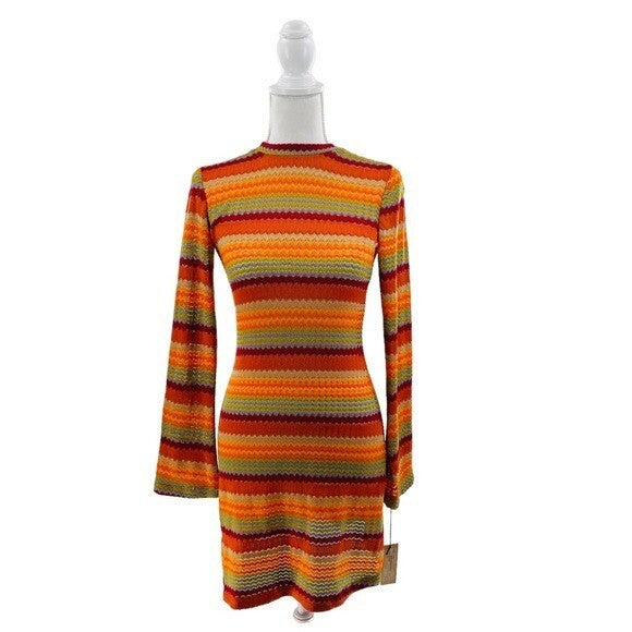 Only Hearts NEW Kingston Bell Sleeve Crochet Mini Dress in Orange Multi Size XS