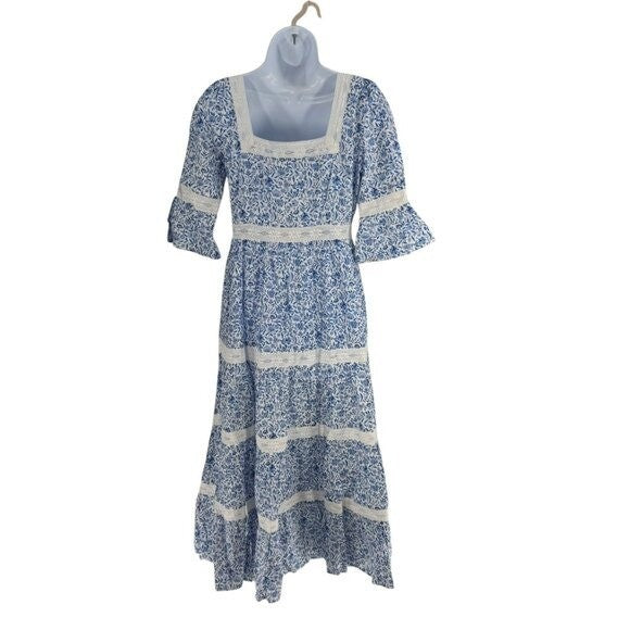 Pink City Prints NEW Celine Sky Chintz Blue Lace Floral Maxi Dress Size S