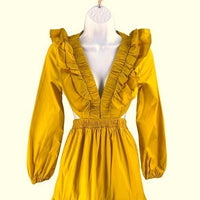 Petal and Pup NEW Yellow Mariga Long Sleeve Frill Shoulder Midi Dress Size XS