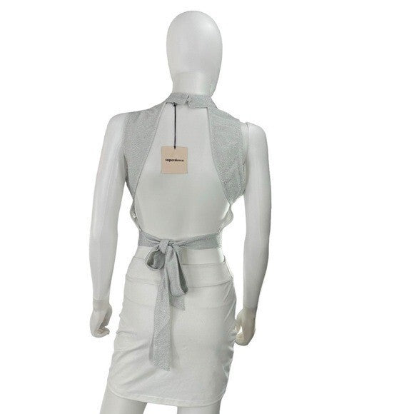 NEW superdown REVOLVE Sophie Metallic Silver Open Back Crop Top Size XL