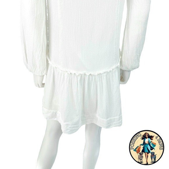 Pomander Place NEW White Gauze Beaded Long Puff Sleeve V-Neck Mini Dress Size S