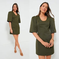 Tuckernuck NEW Olive Twill Ariella Puff Sleeve Scoop Neck Mini Dress Size M