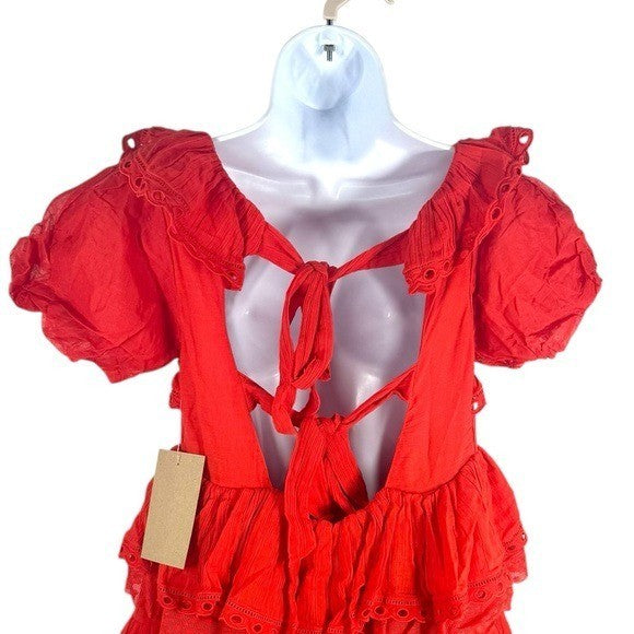 INNIKA CHOO Poinciana Red Organdy Puff Sleeve Scalloped Layer Mini Dress Size S