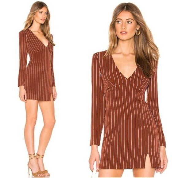 Privacy Please | NEW Curtis Long Sleeve Mini Dress in Tan Stripe Size XS