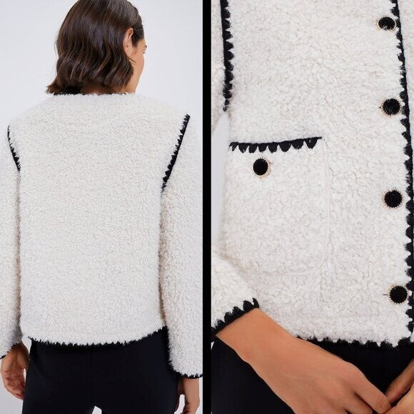 Hyacinth House NEW Cream Textured Scalloped Edge Jacket Teddy Coat Size Large