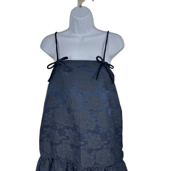 GANNI NEW Navy Blue Botanical Jacquard Formal Bow Strap Midi Dress Size 6