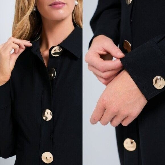 Tuckernuck NEW Black Petra Long Sleeve Gold Hammered Button Midi Dress Size L