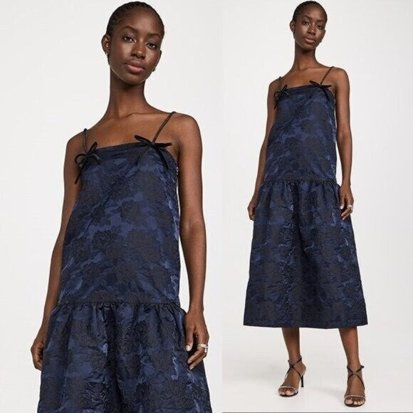GANNI NEW Navy Blue Botanical Jacquard Formal Bow Strap Midi Dress Size 6