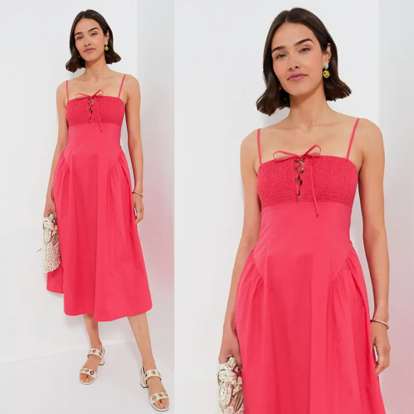 Hyacinth House NEW Pink Serafina Drop Waist Smocked Cotton Midi Dress Size M