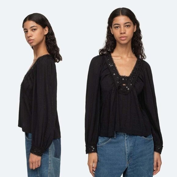 Sea New York NEW Charlotte Black Embellished Long Sleeve V Neck Top Size XS