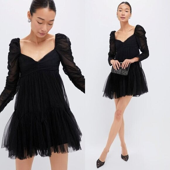 Moon River NEW Black Tulle Long Sleeve Sweetheart Party Mini Dress Size Small