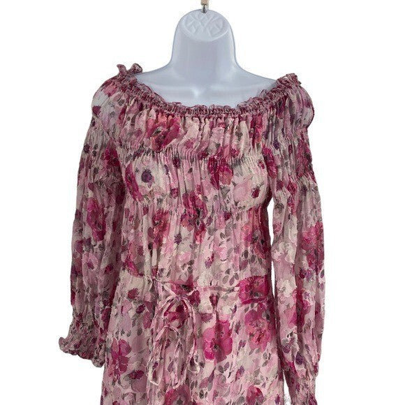 LoveShackFancy NEW Pink Indigo Silk Off the Shoulder Floral Maxi Dress Size S