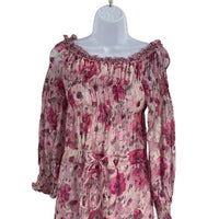 LoveShackFancy NEW Pink Indigo Silk Off the Shoulder Floral Maxi Dress Size S