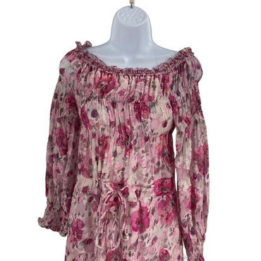 LoveShackFancy NEW Pink Indigo Silk Off the Shoulder Floral Maxi Dress Size S
