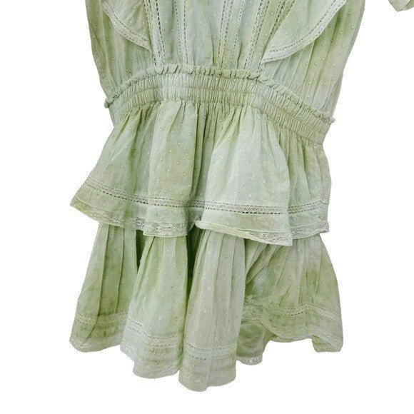 LoveShackFancy Natasha Green Lace Embroidered Tiered Ruffle Mini Dress Size L
