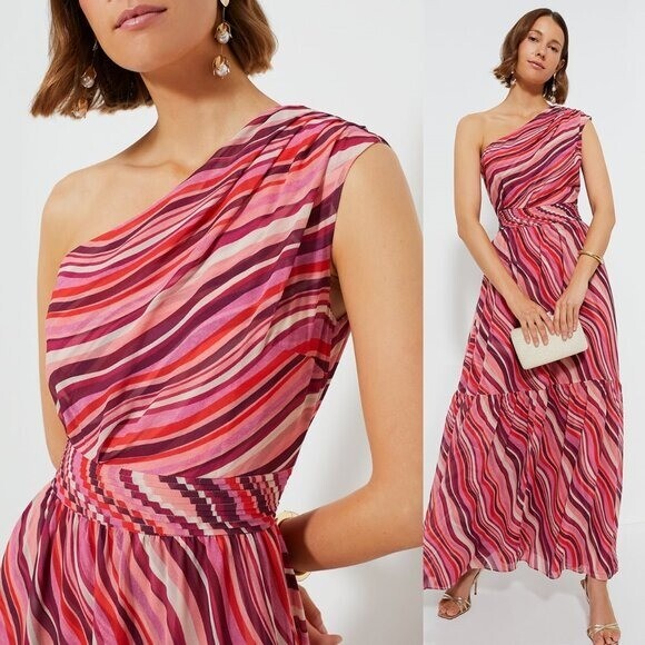 Tuckernuck NEW Pink Sunset Stripe Cadiz One Shoulder Formal Maxi Dress XS