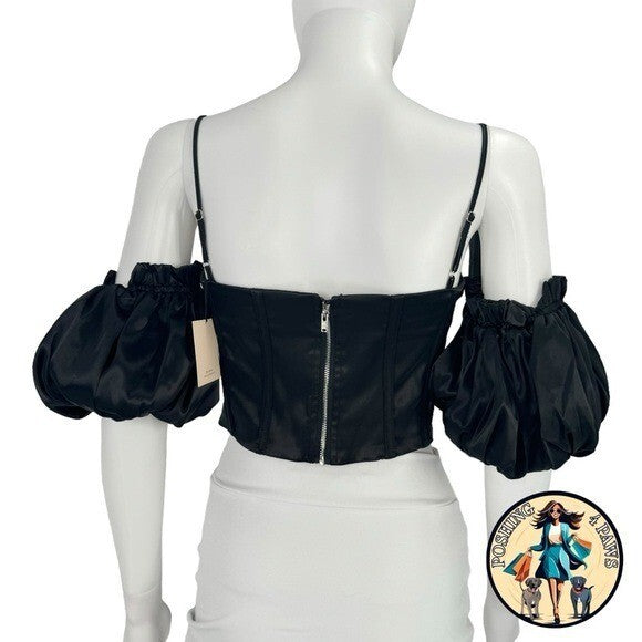superdown Black Satin Off the Shoulder Phoebe Corset Top in Black Size Small