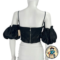 superdown Black Satin Off the Shoulder Phoebe Corset Top in Black Size Small