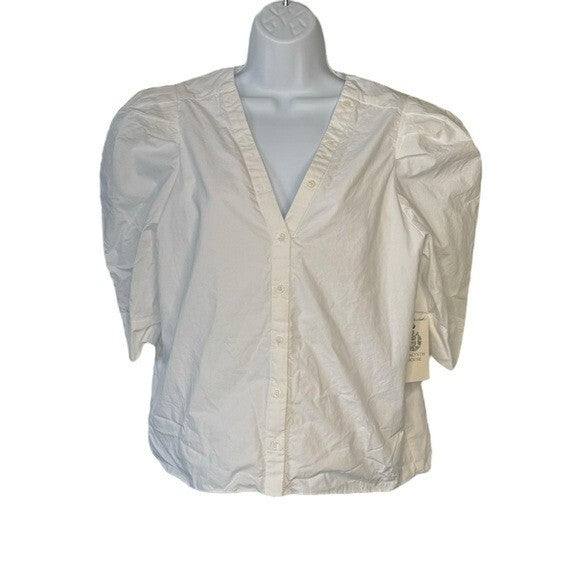 Hyacinth House NEW White V-Neck Puff Sleeve Kit Button Up Blouse Top Size Medium