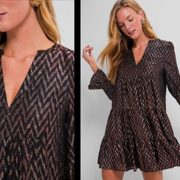 Pomander Place NEW Metallic Ikat Kenzo Long Sleeve Relaxed Fit Mini Dress Size L