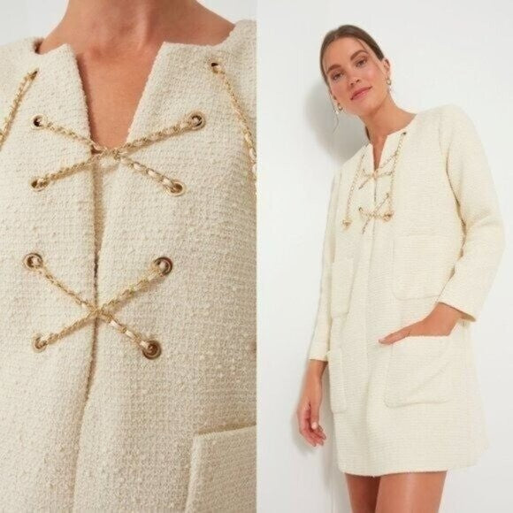 Tuckernuck NEW Blanc Ivory Tie Tweed Kelly Long Sleeve Mini Dress Size XS