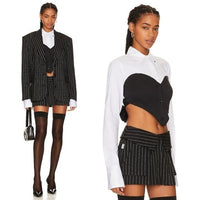 LOBA NEW Augstina Cropped Bow Preppy Button Up in Black and White Size XL
