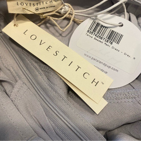 Lovestitch X Petal & Pup | NEW Tanya Beaded Maxi Dress in Grey Size M