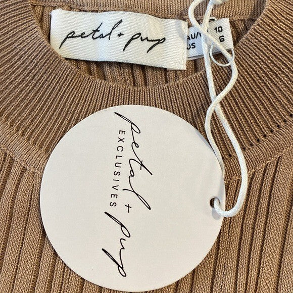 Petal and Pup NEW Milleri Long Sleeve Open Back Ribbed Dress in Camel Tan Size 6