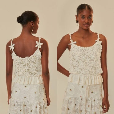 Farm Rio NEW White Flowers Crochet Handmade Peplum Scoop Neck Top Size XL