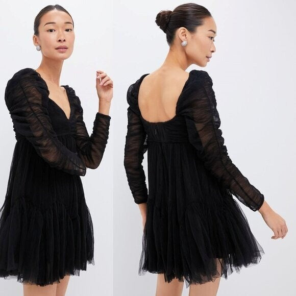 Moon River NEW Black Tulle Long Sleeve Sweetheart Party Mini Dress Size Small