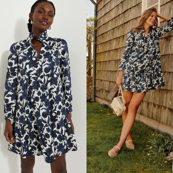 Tuckernuck NEW Blue Poppy Palmerston Drop Waist Long Sleeve Mini Dress Size XXS