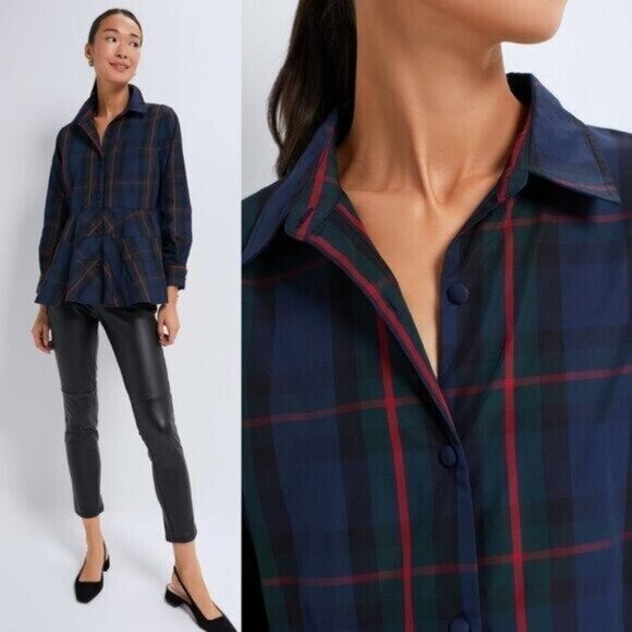 Pomander Place NEW Fraser Navy Plaid Ashlen Long Sleeve Blouse Top Size XL