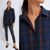 Pomander Place NEW Fraser Navy Plaid Ashlen Long Sleeve Blouse Top Size XL